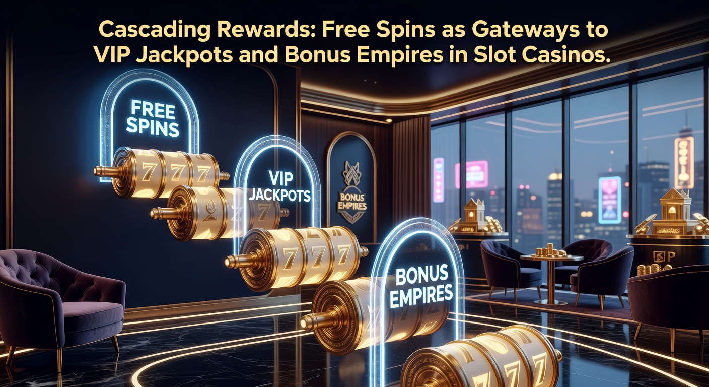 Player interface showing cascading free spins triggering VIP jackpot entry, with bonus meters filling rapidly amid glowing empire icons