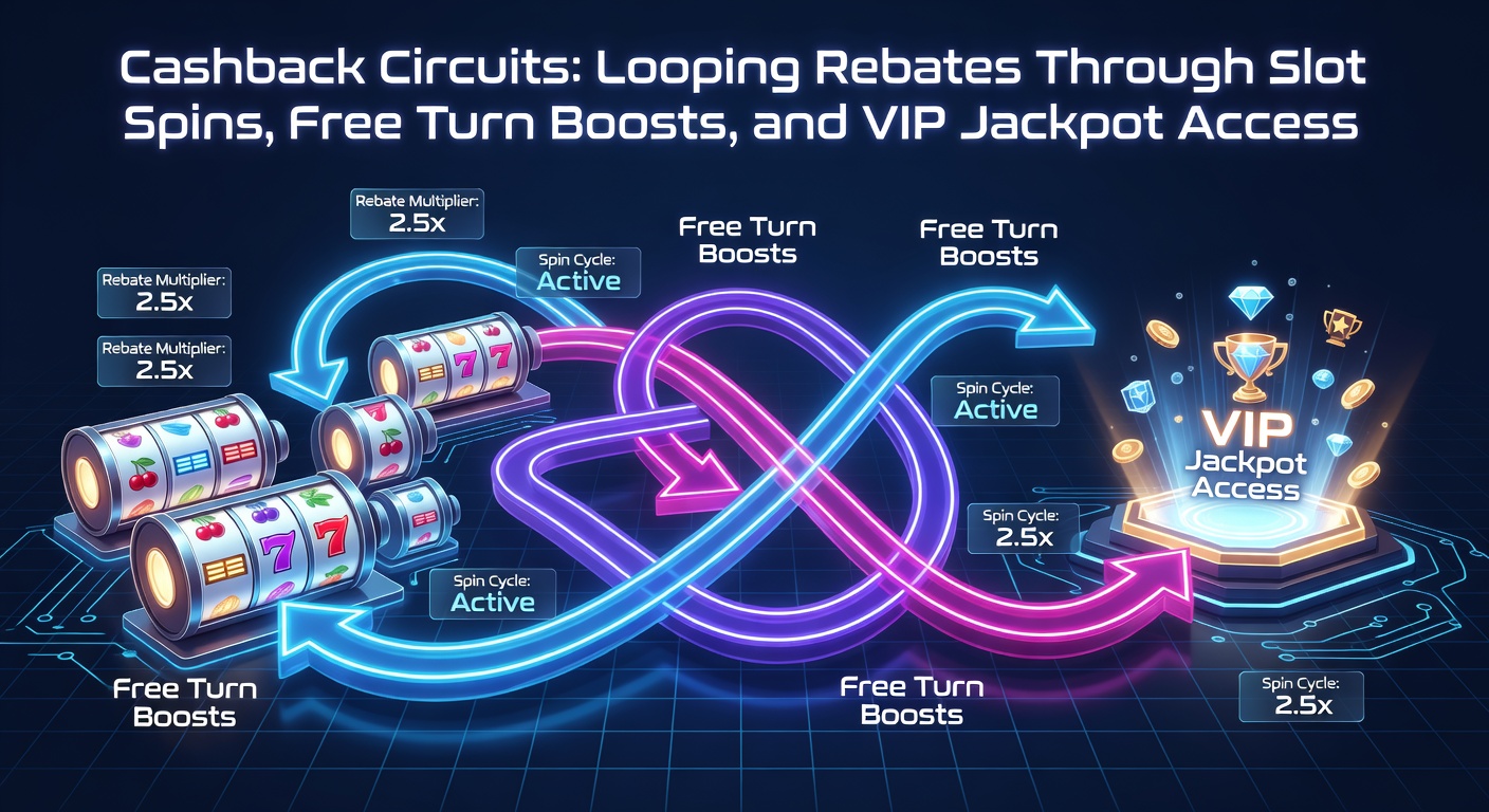 Dynamic graphic of cashback rebates flowing through slot spin cycles, branching into free turn explosions and ascending VIP jackpot tiers
