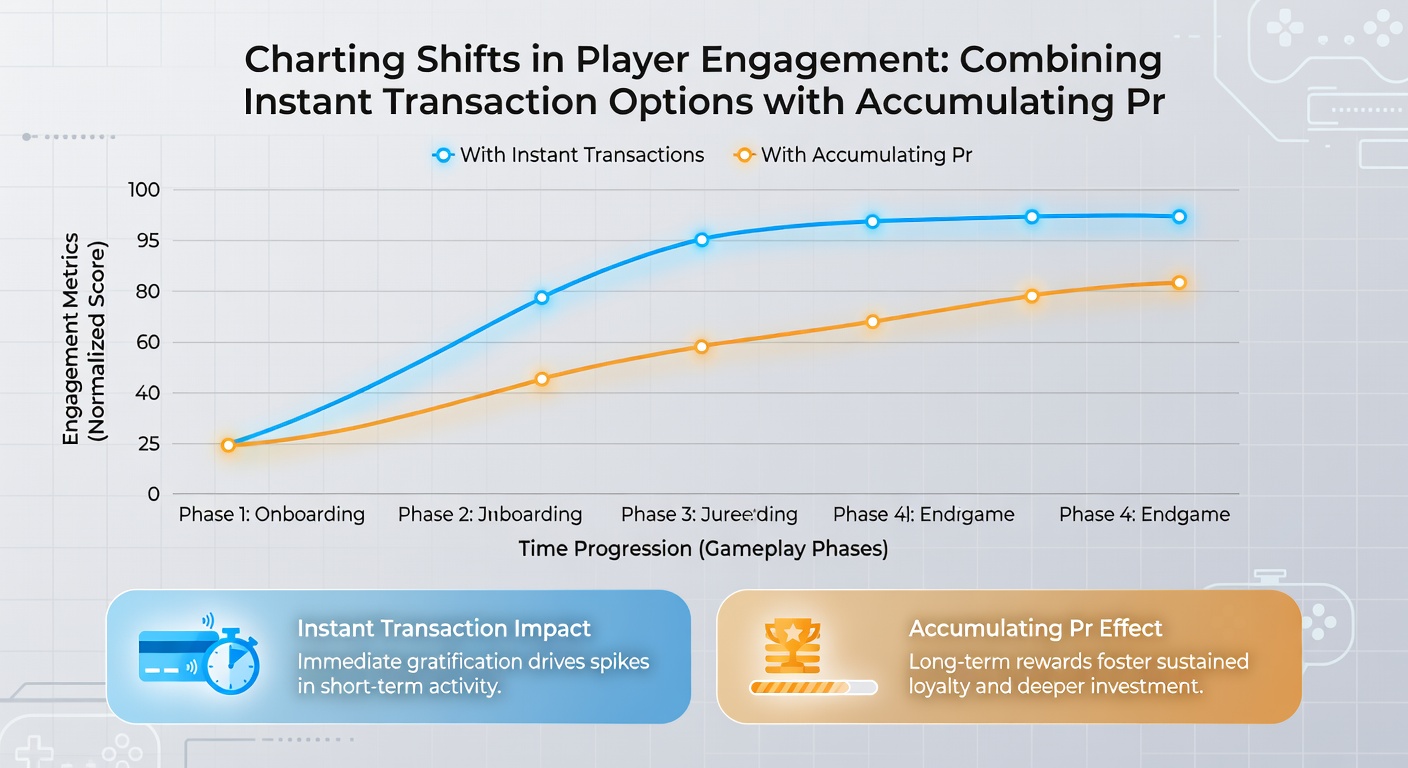 Graph displaying rising player engagement curves alongside instant transaction volume and accumulating prize indicators over a six-month period