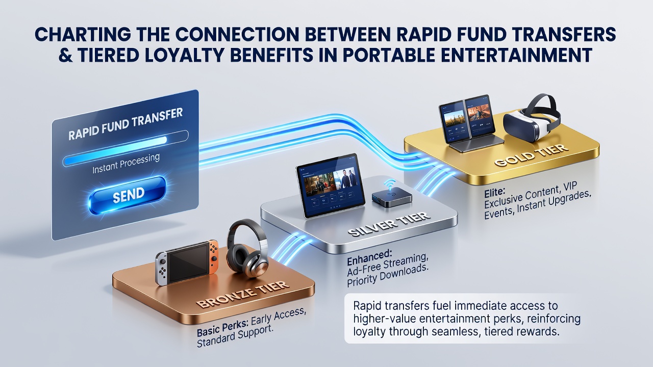 Portable device displaying tier progression screen alongside real-time fund transfer history in an entertainment application