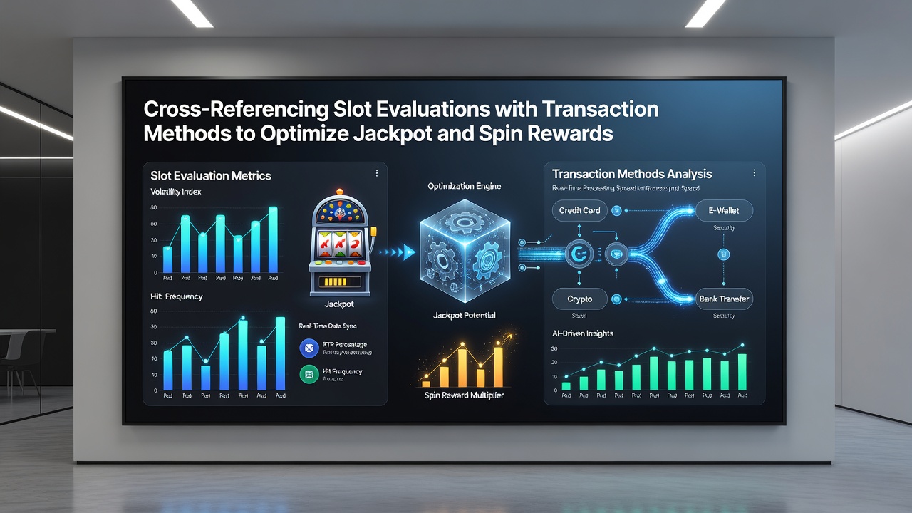 Infographic showing slot evaluation metrics aligned with payment method icons and reward flow arrows on a digital dashboard