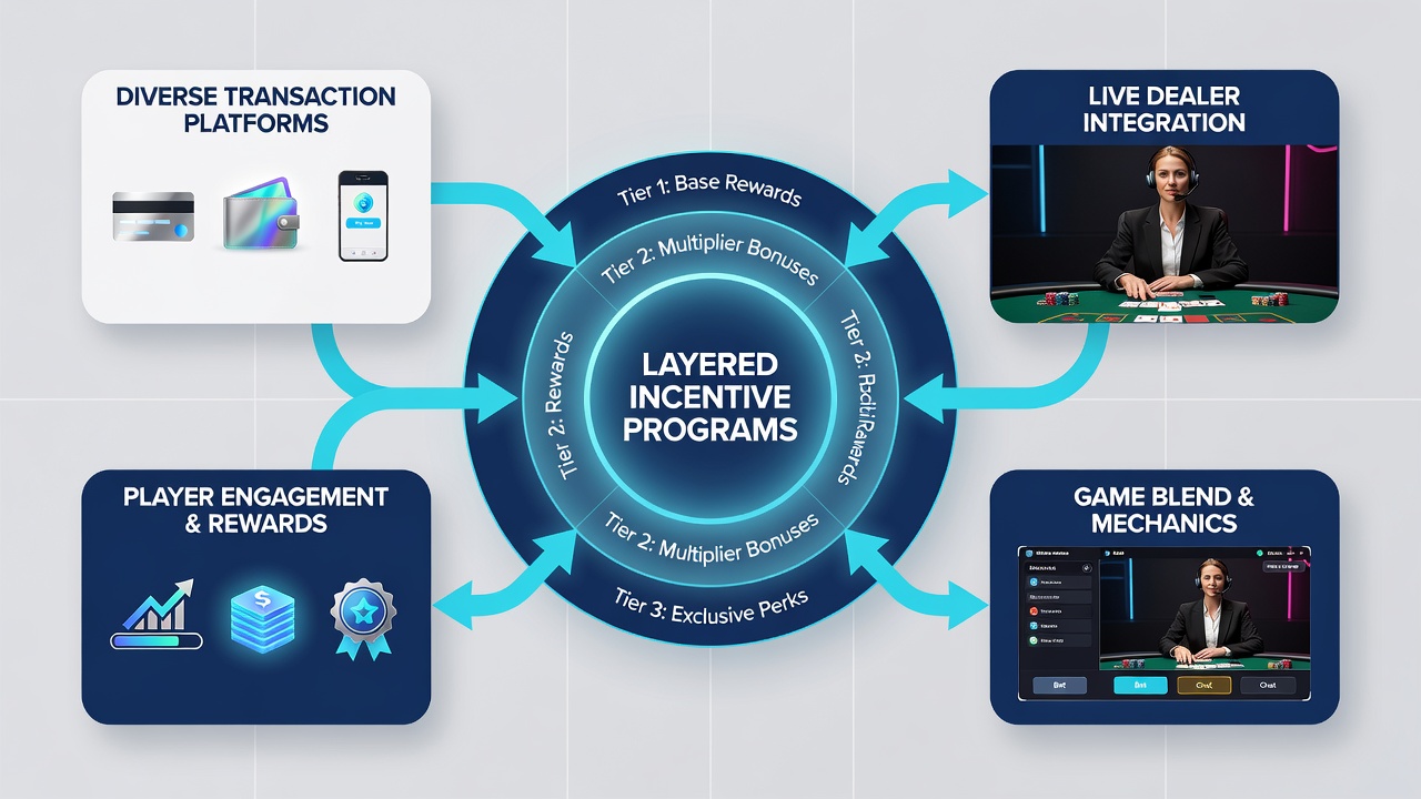 Layered incentive dashboard displaying transaction-triggered rewards across live dealer tables and traditional reel mechanics