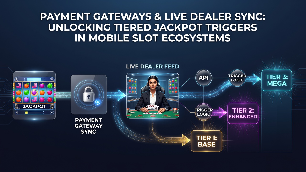 Illustration of mobile slot interface displaying tiered jackpot meters synced with live dealer and payment confirmation