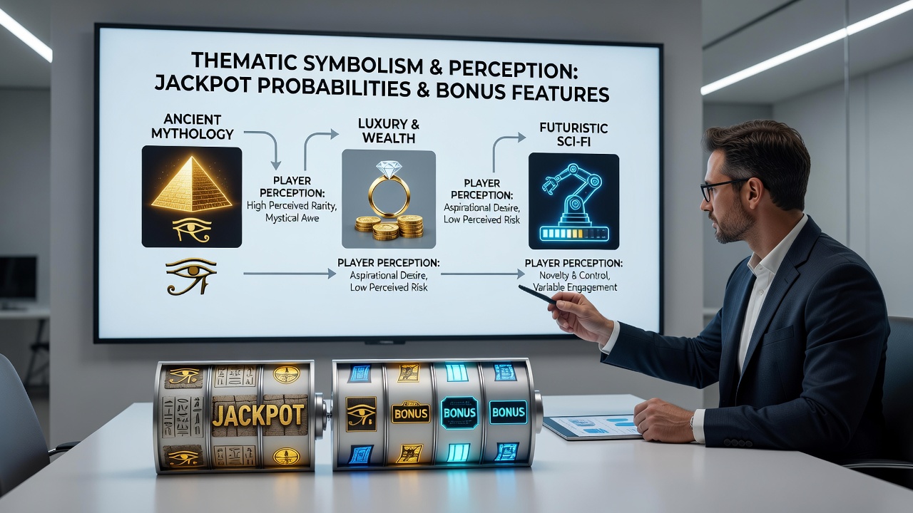 Wide view of a slot game interface displaying thematic bonus round with animated symbols and jackpot counter