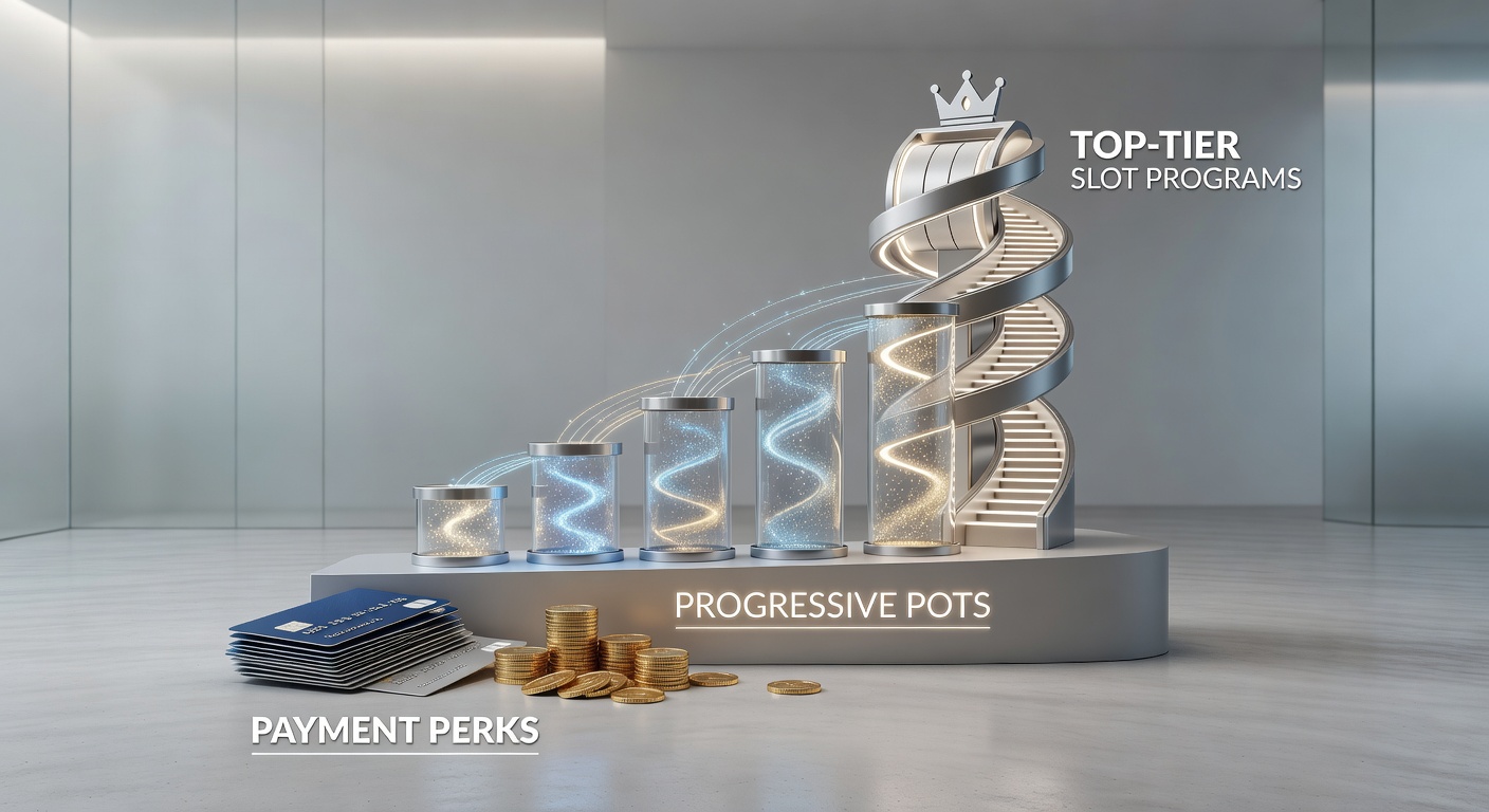 Dynamic graphic of progressive jackpot pots filling up layer by layer, connected to loyalty tiers with payment icons overlayed on a slot machine backdrop