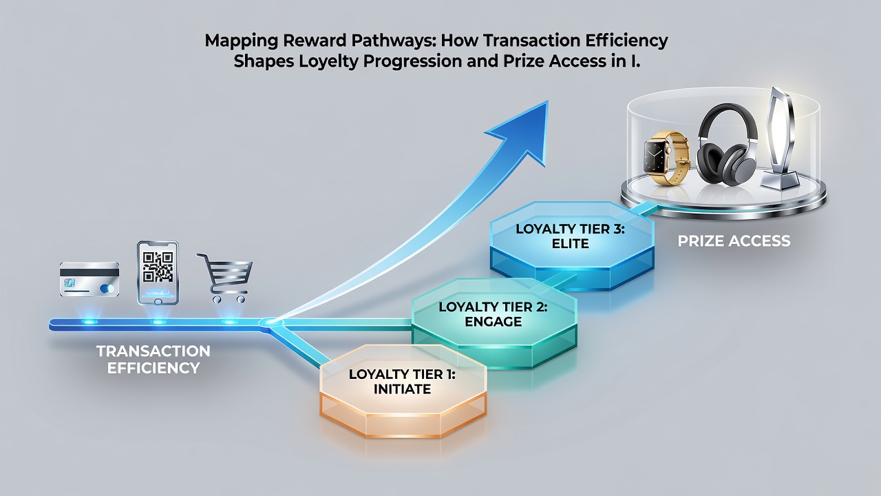 Flowchart showing loyalty tiers connected via efficient transaction nodes to prize access points