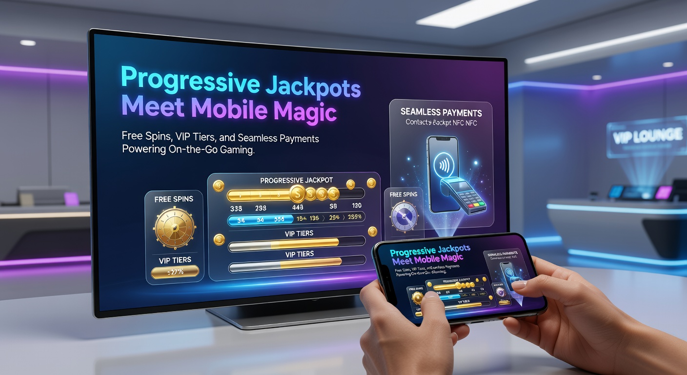 Smartphone in hand showing VIP tier progress bar, free spins activation, and a seamless payment interface alongside a glowing progressive jackpot display