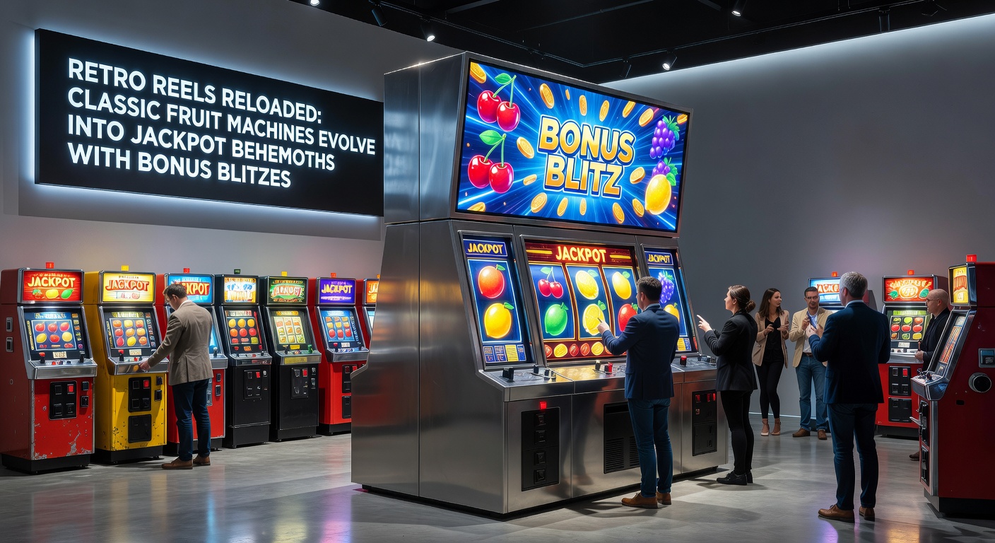 Explosive bonus round on a retro fruit slot, with jackpot meters climbing amid cascading reels and multiplier blitzes