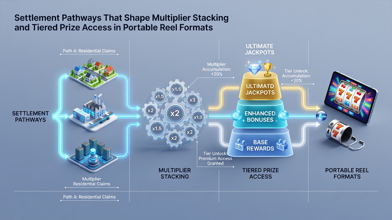 Diagram of settlement pathways linking multiplier stacks to tiered prize access in mobile reels