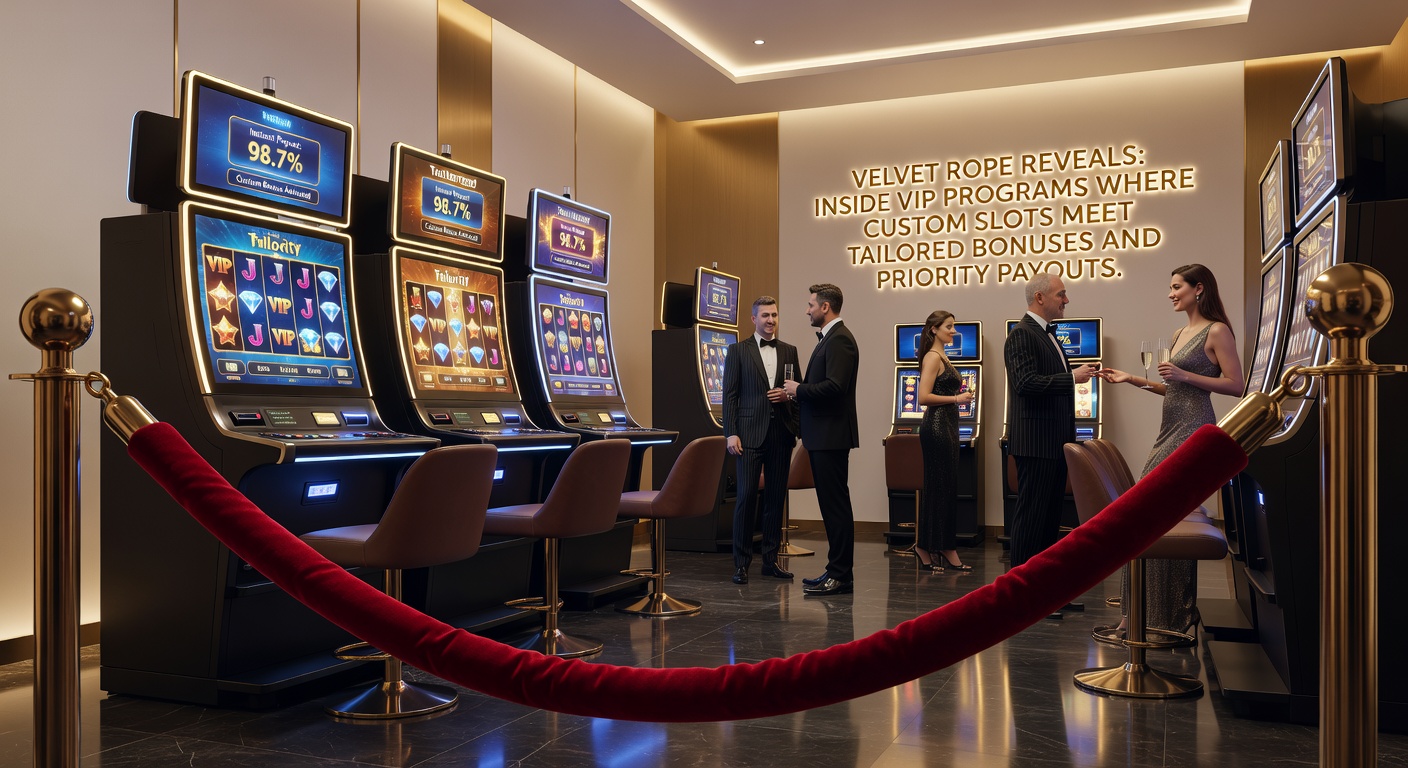 VIP player at a high-tech slot terminal, screen showing customized bonus features and priority payout notifications, with champagne nearby
